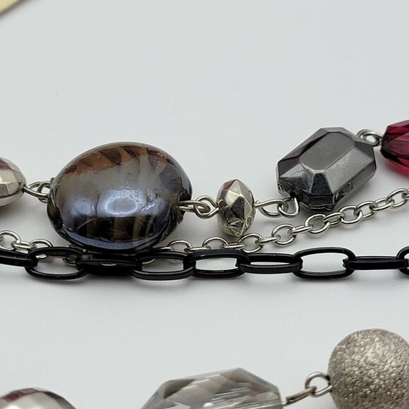 BOCAR Multi Chain Glass Bead Statement Necklace 26" Silver Tone & Red  Layered - Picture 5 of 11